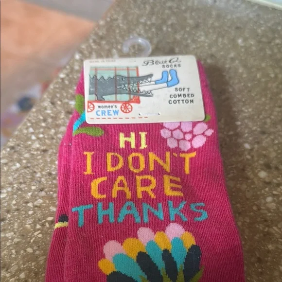 Blue Q Pink Crew Socks with Colorful Text and Floral Design - Picture 5 of 6